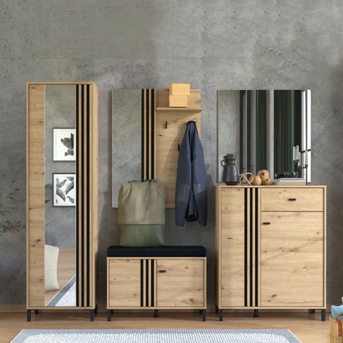 Mobile da Ingresso Marrone Rovere Nodi Nero un Cassetto 4 Ripiani 87x40x110h cm, 2 Ante - Hanga