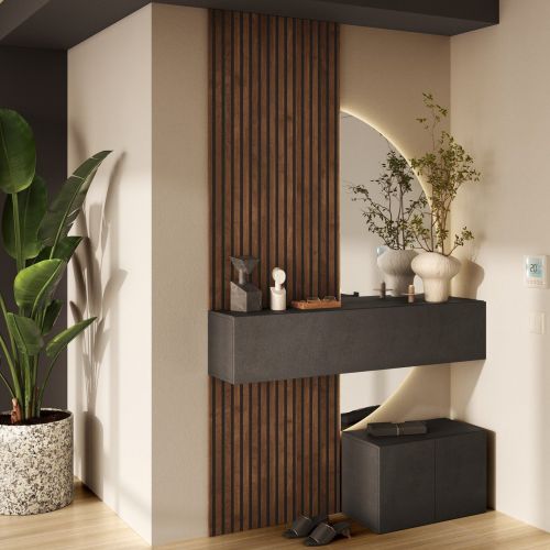 Mobile da Ingresso Marrone Scuro Marrone Quercia 2 Paia Cassetti 138x35x241h cm, Ripiani Made in Italy - Liscate