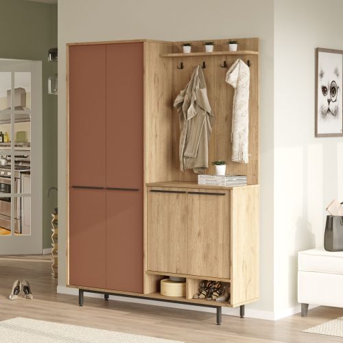 Mobile da Ingresso Marrone Terracotta Marrone Rovere Appendiabiti 12 Ripiani 147x36x196h cm, Apertura Battente - Tignale