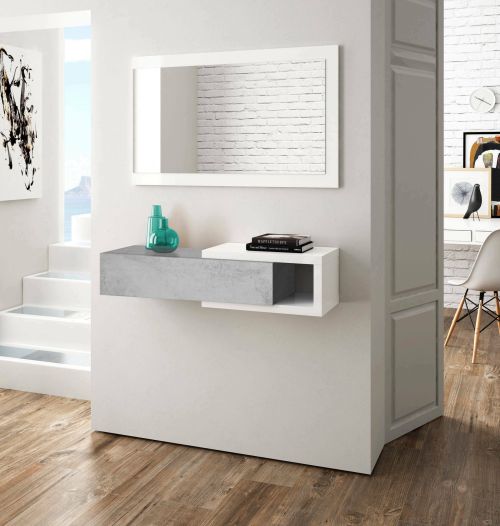 Mobile da ingresso Mcallen, Entratina reversibile con specchio, Mobile per atrio con cassetto, Svuotatasche per appartamenti, 95x26h69 cm, Bianco e Cemento