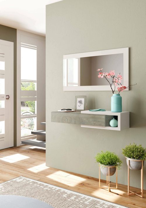 Mobile da ingresso Mcallen, Entratina reversibile con specchio, Mobile per atrio con cassetto, Svuotatasche per appartamenti, 95x26h69 cm, Bianco e Rovere