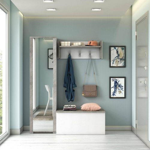 Mobile da ingresso Mirtilla, Entratina moderna con appendiabiti, Mobile con scarpiera, Armadietto con specchio, Cm 50x32h182, Bianco e Cemento