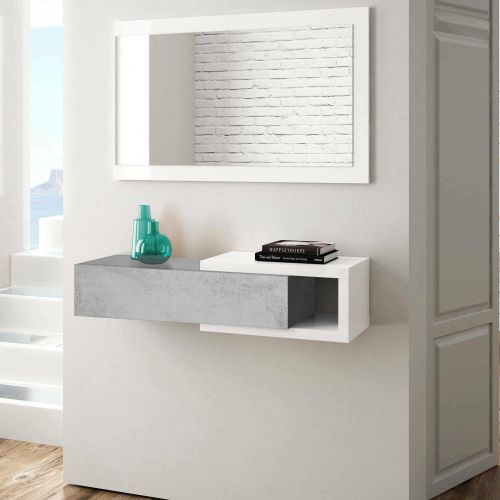 Mobile da ingresso moderno sospeso con cassetto bianco e cemento 95x19h cm - Arty