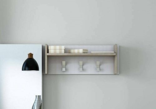 Mobile da ingresso Narciso, Mobile appendiabiti con 3 ganci, Mensola portaoggetti da ingresso, 100% Made in Italy, 90x29h34 cm, Bianco e Rovere