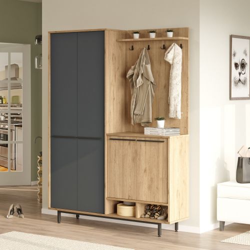 Mobile da Ingresso Nero Antracite Marrone Rovere 12 Ripiani Appendiabiti 147x36x196h cm, 4 Ante - Tignale