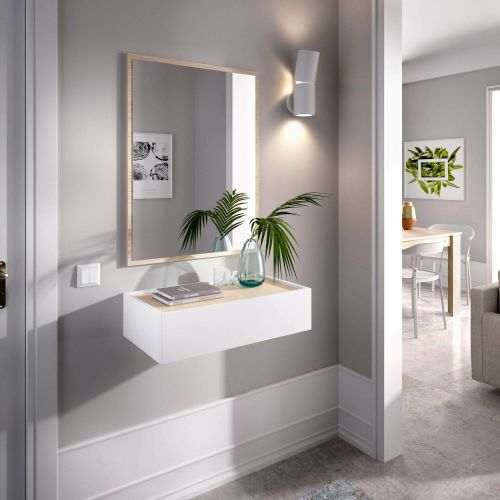 Mobile da ingresso piccolo con specchio e 1 cassetto bianco e rovere 33x16h cm - Astolfo