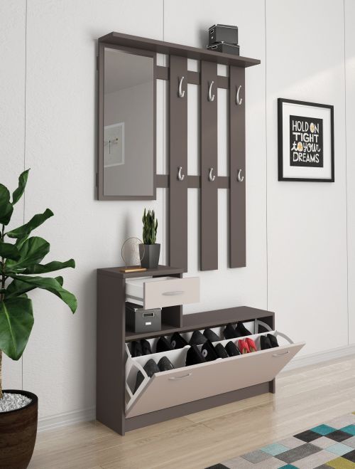 Mobile da ingresso Sargassi, Entratina appendiabiti, Composizione per atrio, Consolle portaoggetti multifunzione, 100x26h190 cm, Beige e Grigio