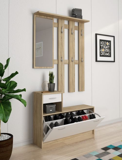 Mobile da ingresso Sargassi, Entratina appendiabiti, Composizione per atrio, Consolle portaoggetti multifunzione, 100x26h190 cm, Bianco e Rovere