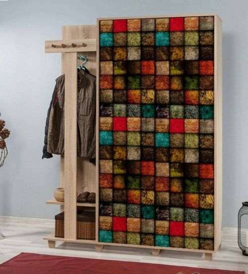 Mobile da ingresso Terpsi, Entratina moderna, Appendiabiti da parete, Consolle portaoggetti multifunzione, 135x36h194 cm, Quercia e Multicolore