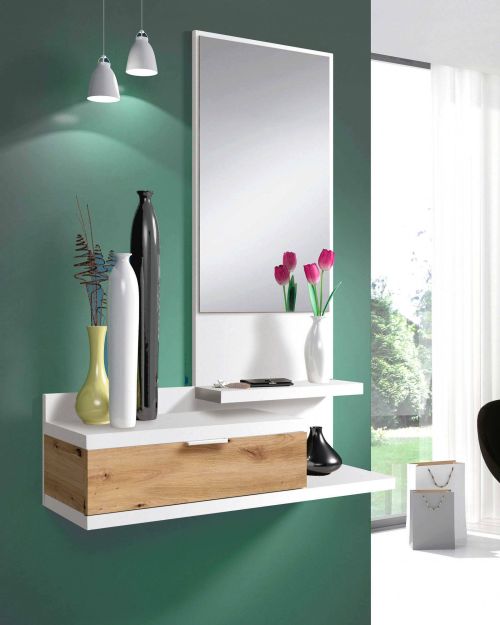 Mobile da ingresso Tijuana, Entratina con specchio e cassetto, Svuotatasche per atrio di piccoli appartamenti, 81x29h116 cm, Bianco e Rovere nodi