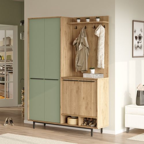 Mobile da Ingresso Verde Salvia Marrone Rovere Appendiabiti 12 Ripiani 147x36x196h cm, Apertura Battente - Tignale