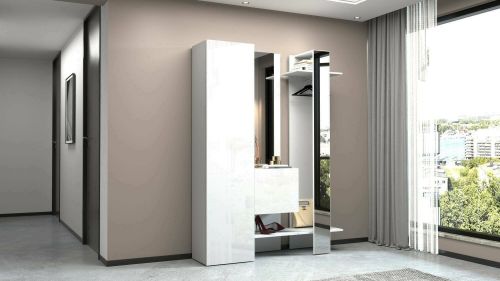 Mobile da ingresso Vilmaro, Armadietto multifunzione a 2 ante, Appendiabiti da parete con 2 specchi, 140x35h190 cm, Bianco