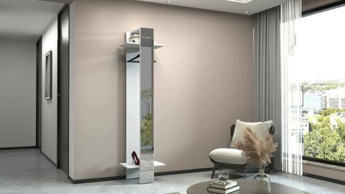 Mobile da ingresso Violantino, Armadietto multifunzione, Appendiabiti da parete con specchio, 50x35h190 cm, Bianco