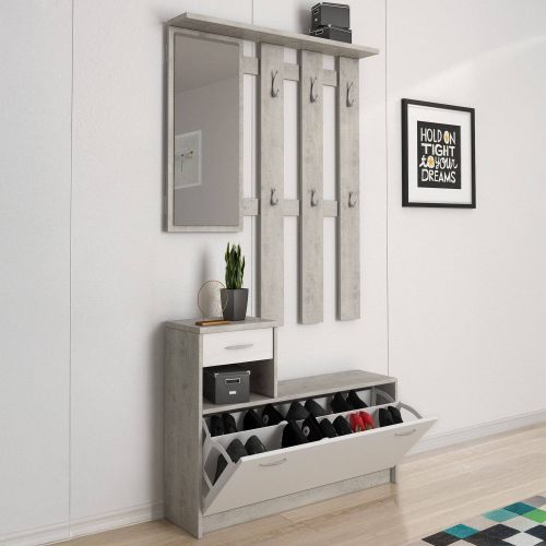 Mobile ingresso sospeso con scarpiera bianco e cemento 100x190h cm - Garolfo