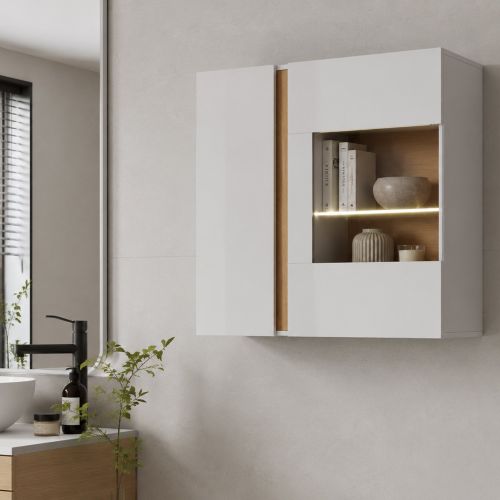 Mobile Pensile Bianco Marrone Rovere 2 Ripiani 2 Ante 96x83h cm, con led - Kava