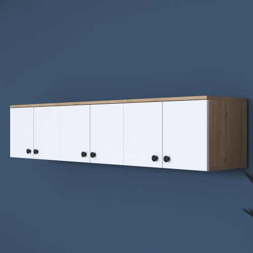 Mobile Pensile Marrone Rovere Bianco 6 Ante 3 Vani 180x44h cm, Apertura Battente - Jelsi