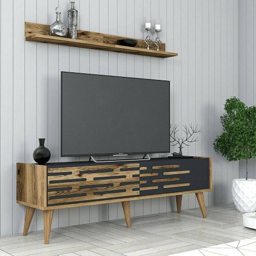 Mobile porta TV Achernar, Supporto per televisione da salotto, Credenza bassa da soggiorno, Base porta TV, 140x45h35 cm, Noce e Antracite