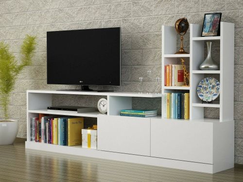 Mobile porta TV Alni, Supporto per televisione da salotto, Credenza bassa da soggiorno, Base porta TV, 164x25h91 cm, Bianco