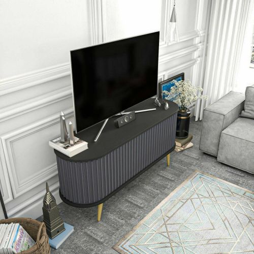 Mobile porta TV Aludra, Supporto per televisione da salotto, Credenza bassa da soggiorno, Base porta TV, 140x43h64 cm, Nero e Antracite