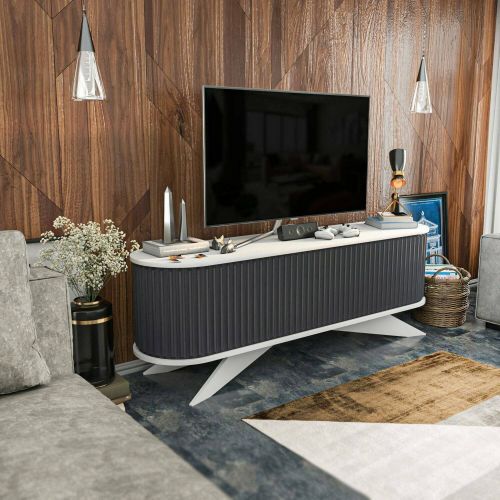 Mobile porta TV Aludra, Supporto per televisione da salotto, Credenza bassa da soggiorno, Base porta TV, 180x43h60 cm, Antracite e Bianco