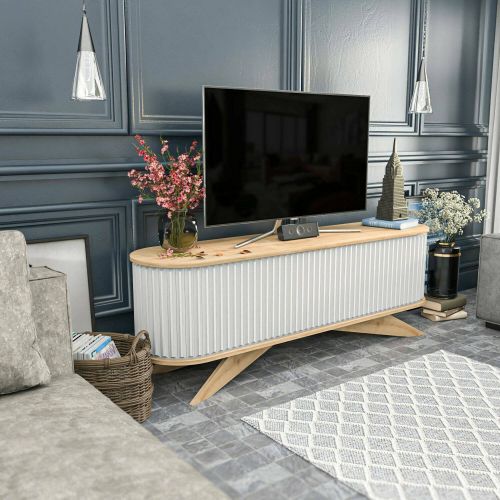 Mobile porta TV Aludra, Supporto per televisione da salotto, Credenza bassa da soggiorno, Base porta TV, 180x43h60 cm, Quercia e Bianco