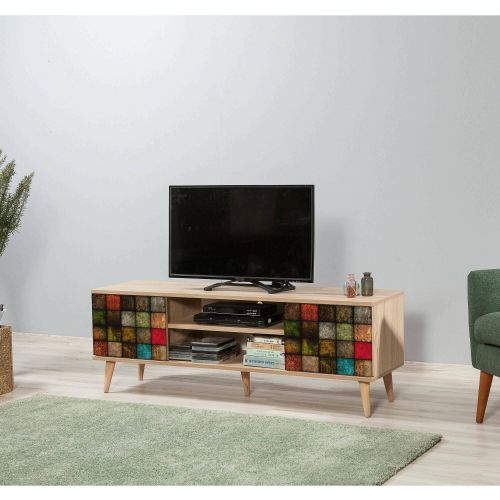 Mobile porta TV Amalthea, Supporto per televisione da salotto, Credenza bassa da soggiorno, Base porta TV, 140x40h50 cm, Quercia e Multicolore