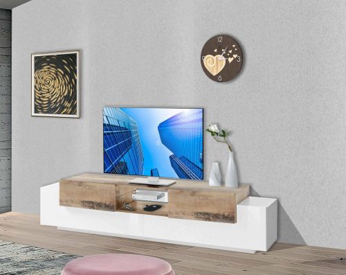 Mobile porta TV Amato, cm 220x45h51, Bianco lucido e Acero