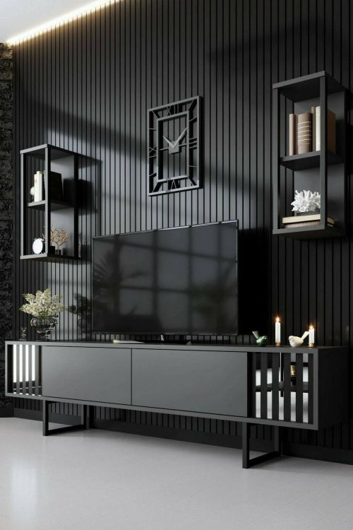 Mobile porta TV Ananke, Supporto per televisione da salotto, Credenza bassa da soggiorno, Base porta TV, 180x30h48 cm, Antracite e Nero