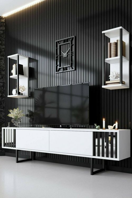 Mobile porta TV Ananke, Supporto per televisione da salotto, Credenza bassa da soggiorno, Base porta TV, 180x30h48 cm, Bianco e Nero