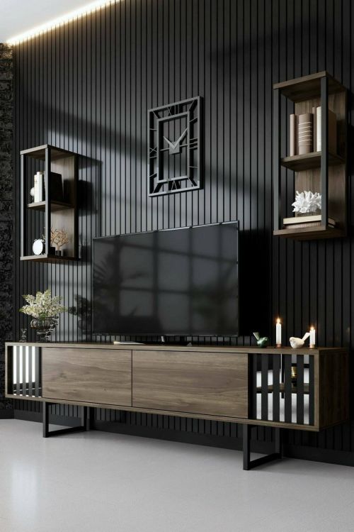 Mobile porta TV Ananke, Supporto per televisione da salotto, Credenza bassa da soggiorno, Base porta TV, 180x30h48 cm, Noce e Nero