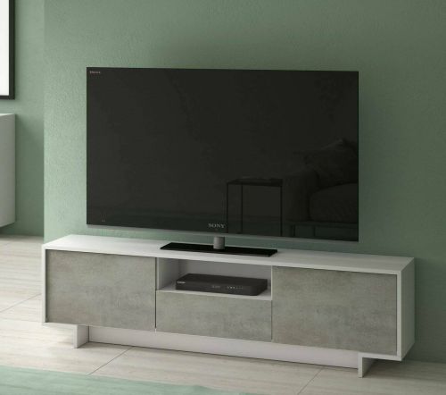 Mobile Porta TV Andromeda, Supporto per TV da salotto, Credenza bassa da soggiorno a 2 ante e 1 cassetto, 100% Made in Italy, 170x42h48 cm, Bianco e Cemento