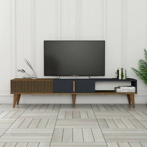 Mobile porta TV Aquila, Supporto per televisione da salotto, Credenza bassa da soggiorno, Base porta TV, 180x35h40 cm, Noce e Antracite