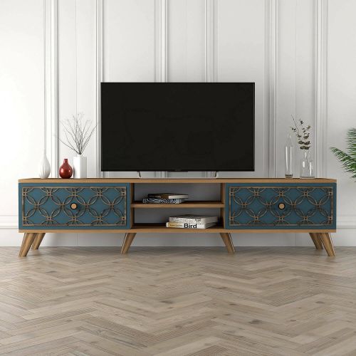 Mobile porta TV Atlux, Credenza da soggiorno, Armadio basso per TV, Base parete attrezzata, 180x35 h44 cm, Noce e Blu