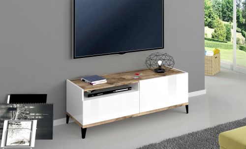 Mobile porta TV Atris, cm 120x40h47, Bianco lucido e Acero