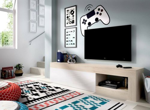 Mobile porta TV Averau, Credenza bassa da soggiorno, Madia da salotto per televisione, 204x42h48 cm, Rovere e Bianco lucido