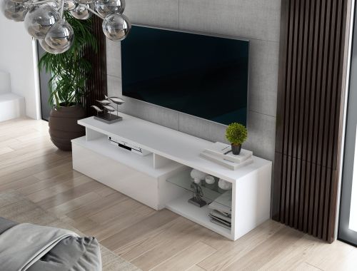 Mobile porta TV Baltico, Credenza da soggiorno, Armadio basso per TV, Base parete attrezzata, 160x38h41 cm, Bianco e Bianco lucido