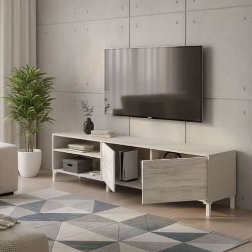 Mobile Porta tv Beige Bianco Anticato Cassetti un Ripiano 180x40x47h cm, 2 Ante - Nociglia