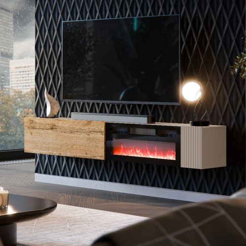 Mobile Porta tv Beige Cashmere Marrone Rovere Modulabile un Ripiano 200x30x31h cm, 2 Ante - Sindia