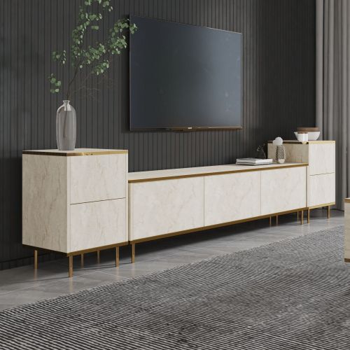Mobile Porta tv Beige Marmo 2 Ripiani Apertura a Ribalta 260x35x45h cm, 5 Ante - Cortin