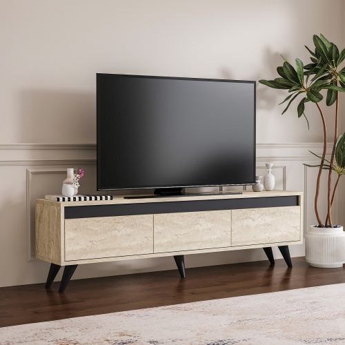 Mobile Porta tv Beige Marmo Nero Antracite 3 Ante Apertura a Ribalta 150x30x45h cm, 3 Vani - Reatino