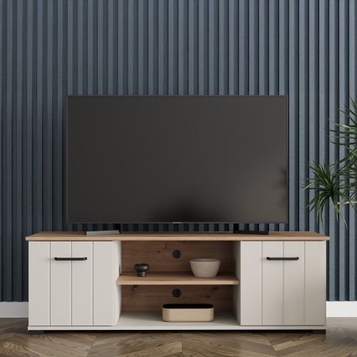 Mobile Porta tv Beige Marrone Rovere 2 Ripiani 2 Ante 137x40x44h cm, Ante Effetto Rigato - Valda