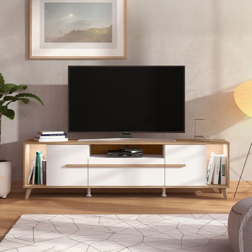 Mobile Porta tv Beige Marrone Rovere Nodi un Cassetto 4 Ripiani 189x40x52h cm, 2 Ante - Cavour