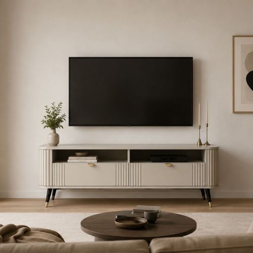 Mobile Porta tv Beige Nero 2 Cassetti 3 Ripiani 138x40x53h cm, Ante Effetto Rigato - Limefa