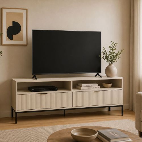 Mobile Porta tv Beige Scuro Nero 2 Cassetti 3 Ripiani 150x40x60h cm, Ante Effetto Rigato - Limame