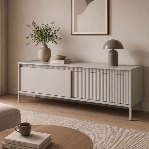 Mobile Porta tv Beige un Ripiano 2 Ante 154x40x53h cm, Anta Effetto Rigato - Kameza
