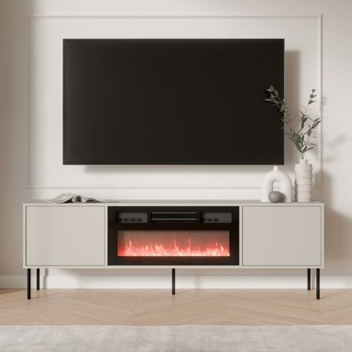 Mobile Porta tv Beige un Ripiano 2 Ante 180x40x60h cm, Caminetto Incluso - Silvi