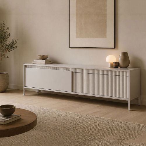 Mobile Porta tv Beige un Ripiano 2 Ante 187x40x53h cm, Ante Effetto Rigato - Kami