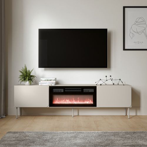 Mobile Porta tv Beige un Ripiano 2 Ante 200x42x57h cm, Caminetto Incluso - Vermezzo