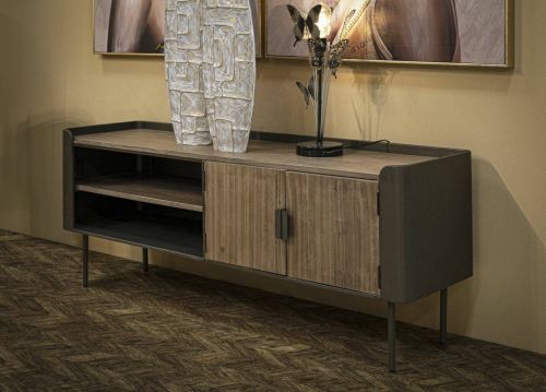 Mobile porta TV Berlingo, Credenza da soggiorno, Armadio basso per TV, Base parete attrezzata, 150x42 h58 cm, Grigio e Marrone