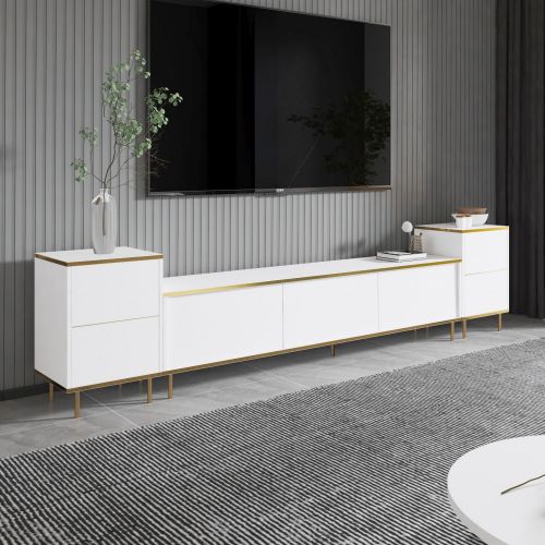 Mobile Porta tv Bianco 2 Ripiani 5 Ante 260x35x45h cm, con Finiture oro - Cortin